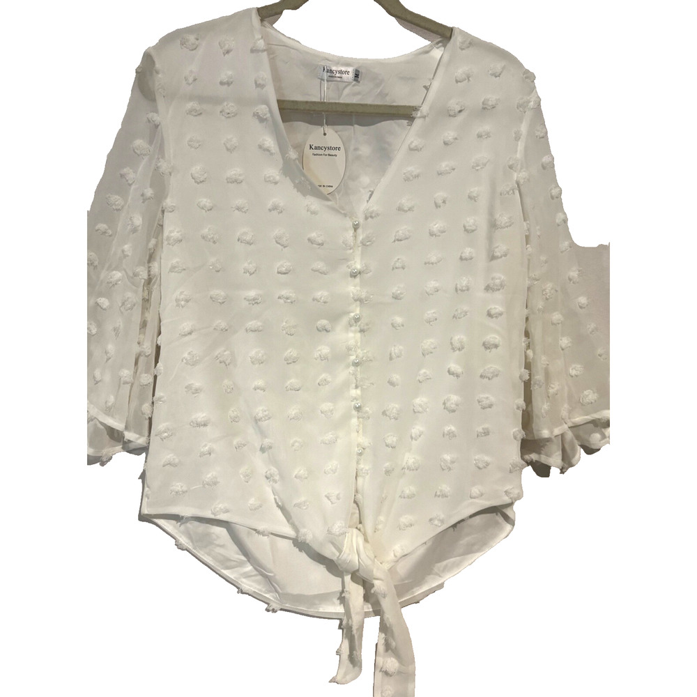 New Women’s pearl Button tie Swiss‎ Dot White flowy V-Neck Size M romantic boho
